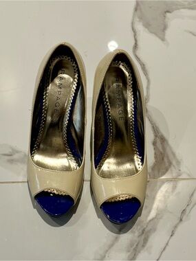 Rampage Cream Patent Peep-Toe Heels with Blue Insole